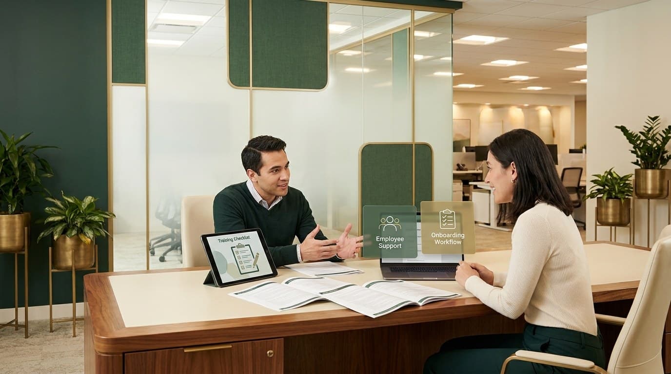 Healthcare employee support lounge with AI helpdesk and onboarding workflow overlays