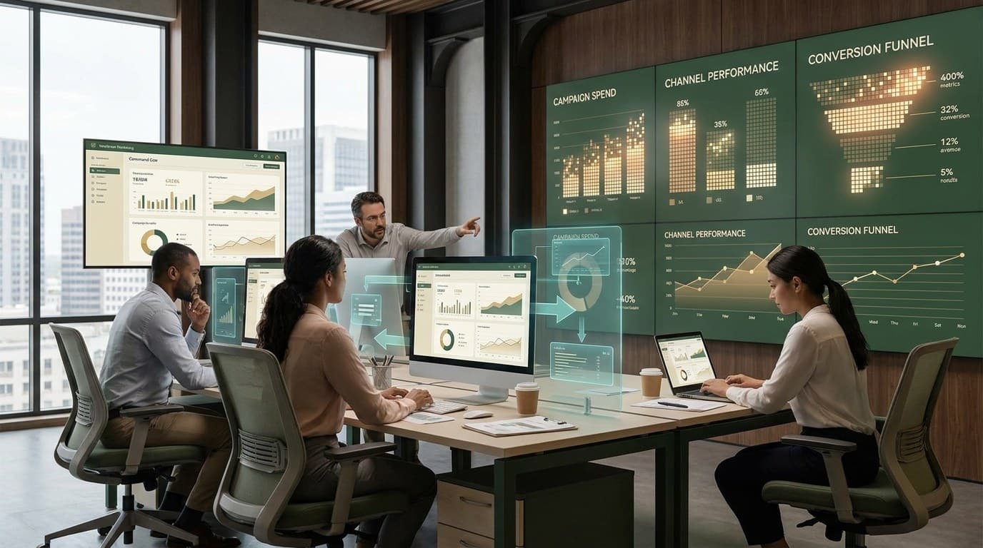 Healthcare marketing operations team reviewing paid media analytics across workstations