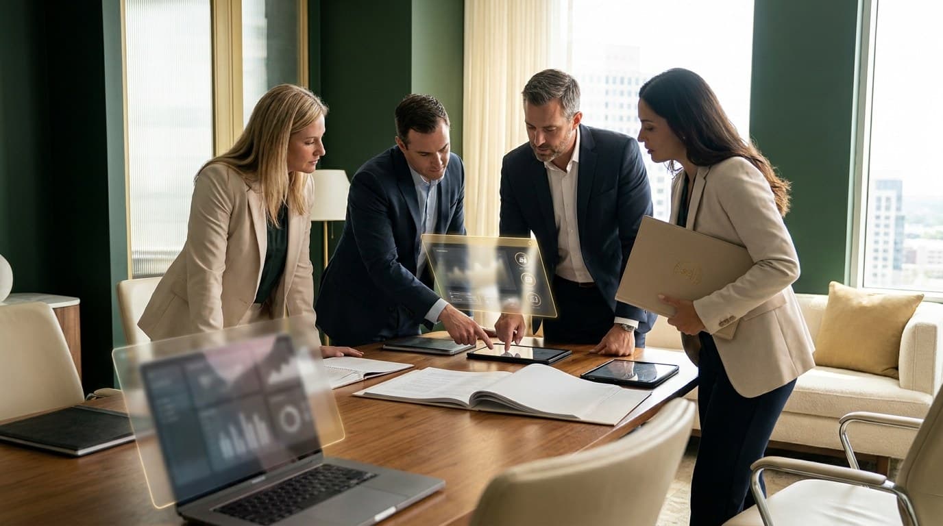 Healthcare strategy boardroom with market research dashboards and AI overlay panels
