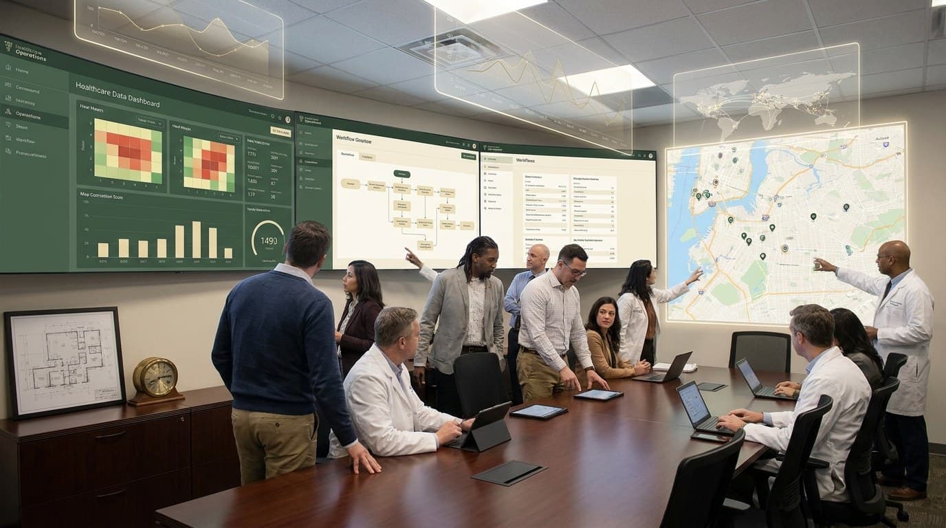 Healthcare growth team reviewing search, paid media, and patient access strategy in a conference room